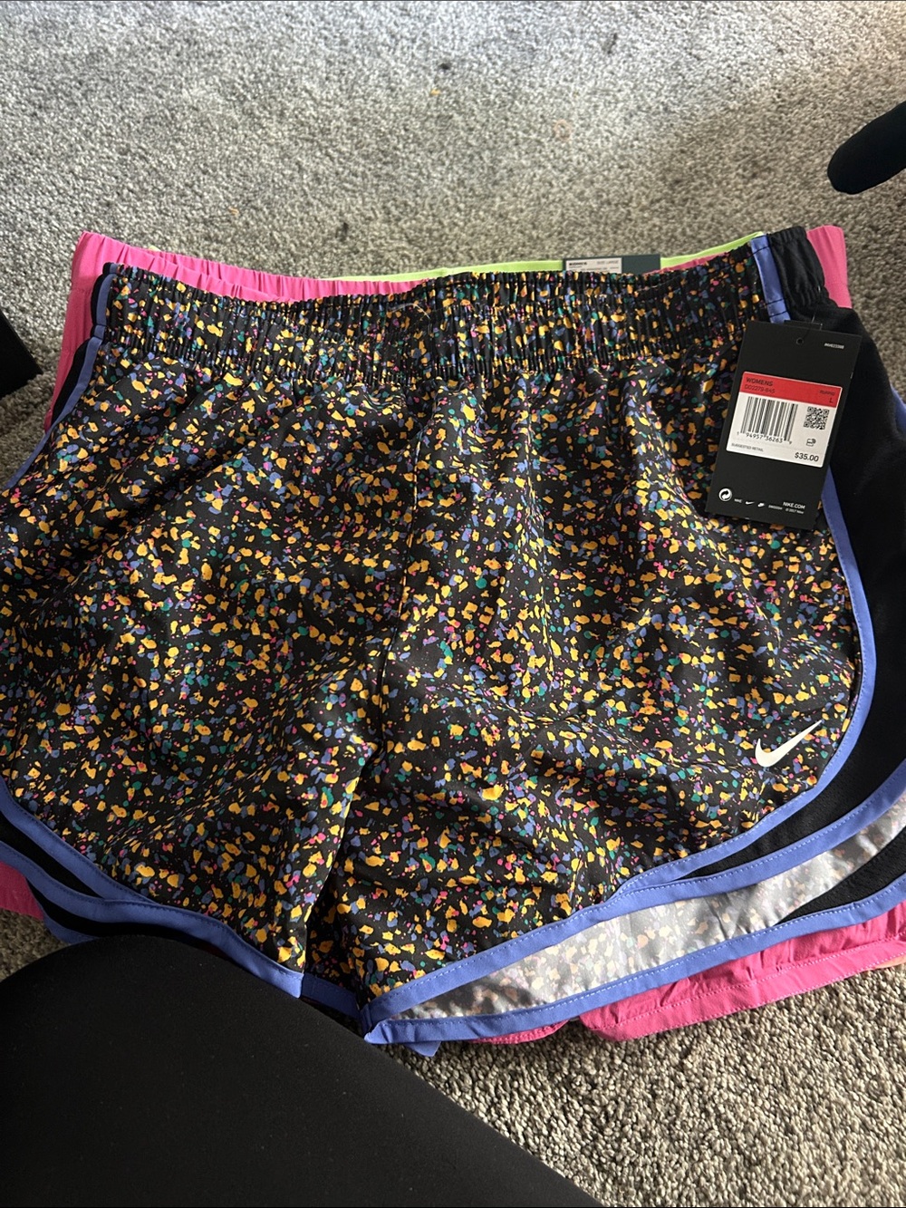 Nike Women's Black Confetti Print Athletic Shorts with Pink Waistband